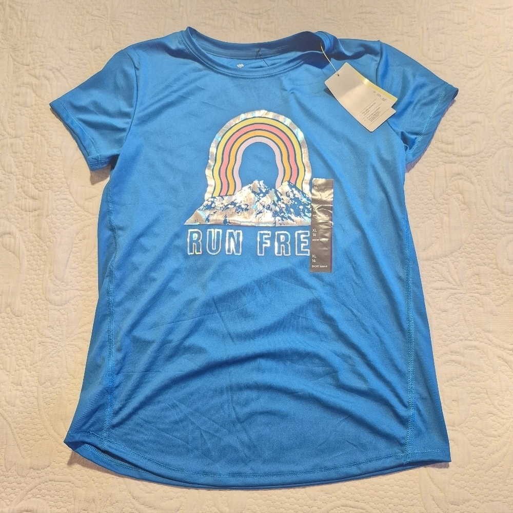 All in Motion girls size XL or 14 blue rainbow short sleeve shirt New